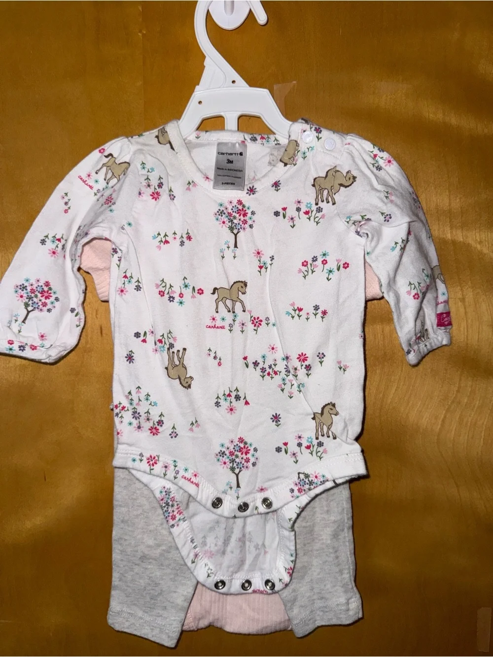 Carter's Pink Ribbed Bodysuit, Floral Deer White Sleeper & Light Gray Pants Set